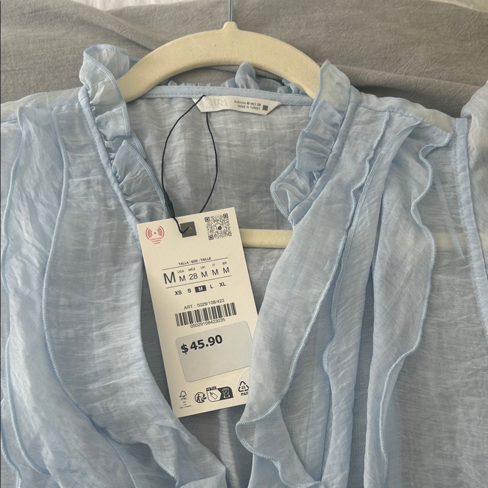 Zara Light Blue Ruffled Blouse NWT